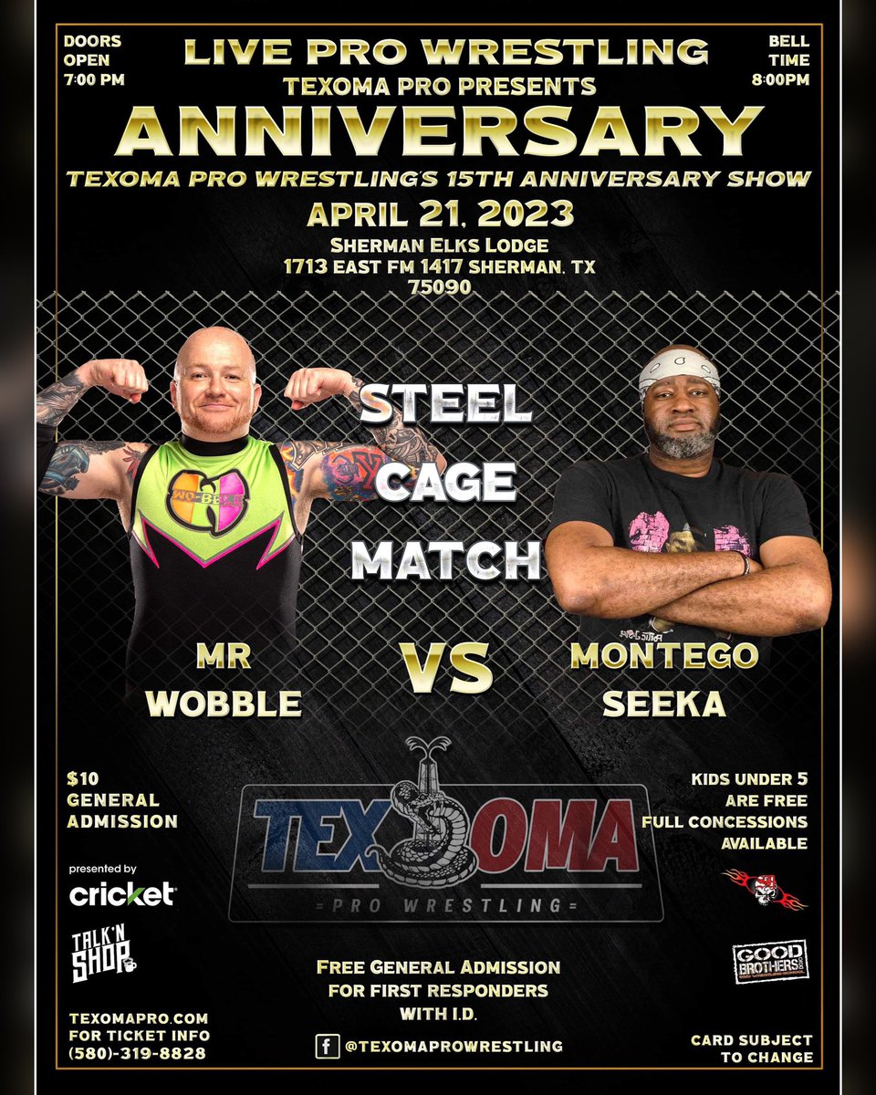 TexomaPro's tweet photo. 🚨MATCH ANNOUNCEMENT🚨

STEEL CAGE MATCH:
@jaystong v @Montego_Seeka 

Fri, Apr 21 • Sherman TX • 8PM
Sherman Elks Lodge 

Tickets: https://t.co/ofgA78S3lV https://t.co/KjtZaeOjV3