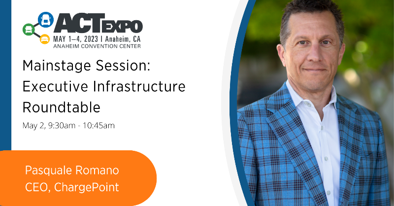ChargePointnet's tweet photo. Want to hear from the experts on the future of #EV infrastructure? Join us  tomorrow, May 2 at #ACTExpo for an executive roundtable featuring ChargePoint CEO, Pasquale Romano, and other industry leaders.

@ACTExpo @PRomano_OG