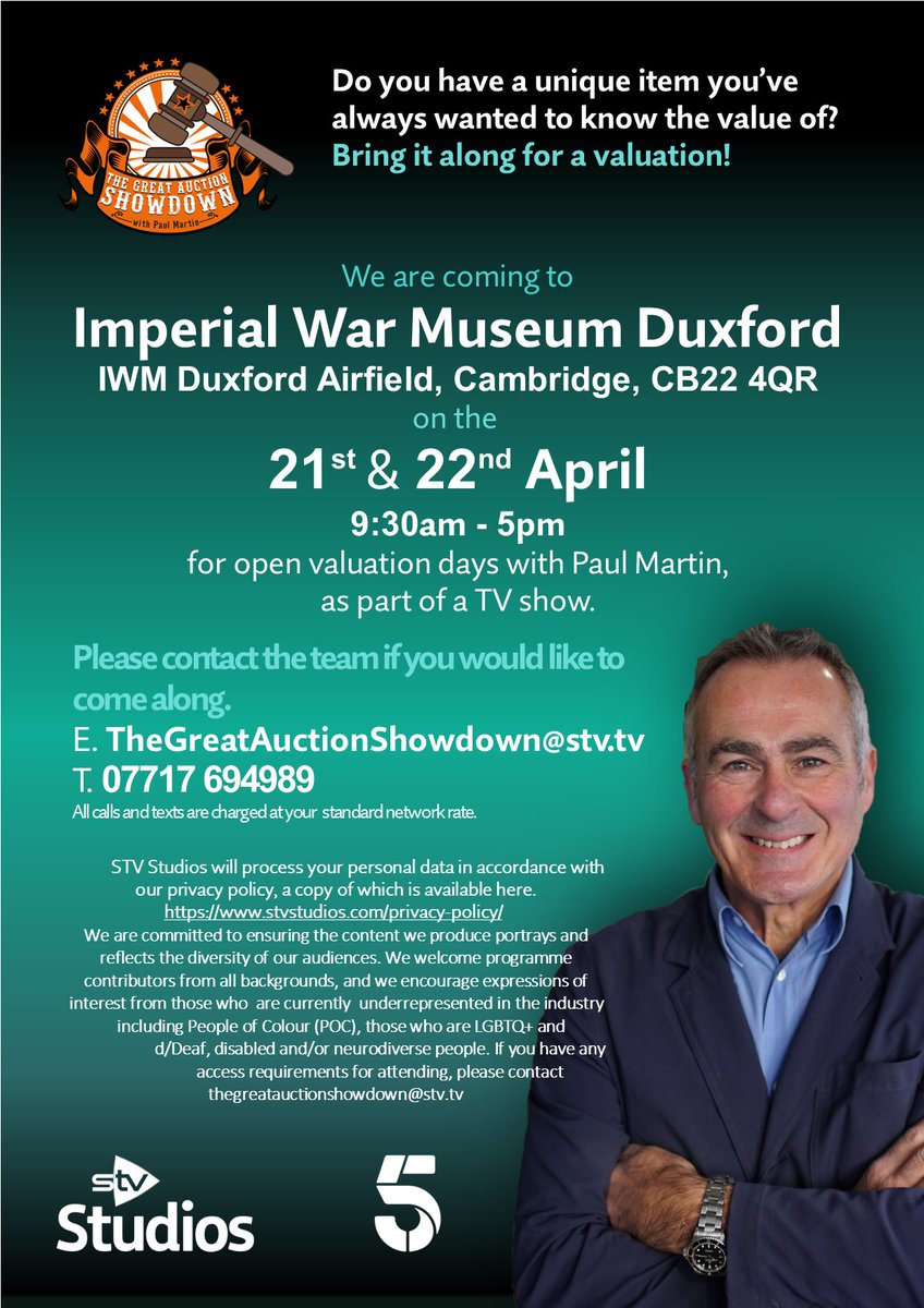 What items do you have in your house that could be worth a fortune? We'll be at the Imperial War Museum for free valuation days on the 21st & 22nd of April from 9:30am - 5pm. Get in touch if you would like to attend. E. TheGreatAuctionShowdown@stv.tv T. 07717 694989