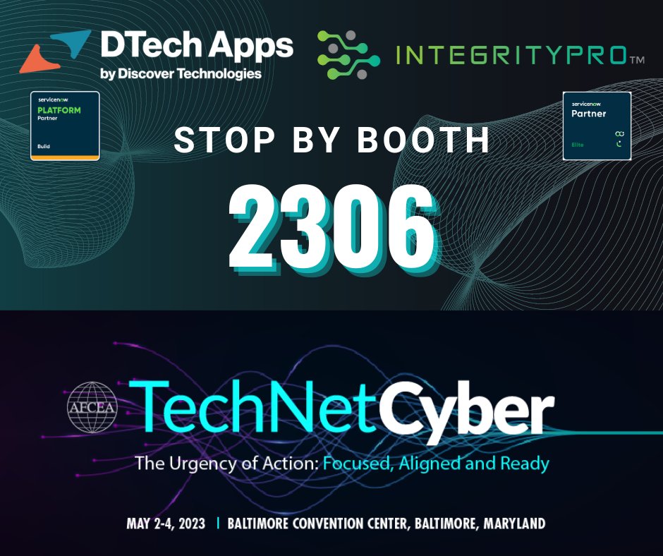 DTech_Apps's tweet photo. Attending @AFCEACyberExpo TechNet Cyber in Baltimore on May 2 - 4? Stop by to meet the IntegrityPro Consulting and @DTechApps teams at booth 2306! 

@ServiceNow #ServiceNowpartners #AFCEACyber #TechNetCyber #bettertogether https://t.co/DxMFlCk93c