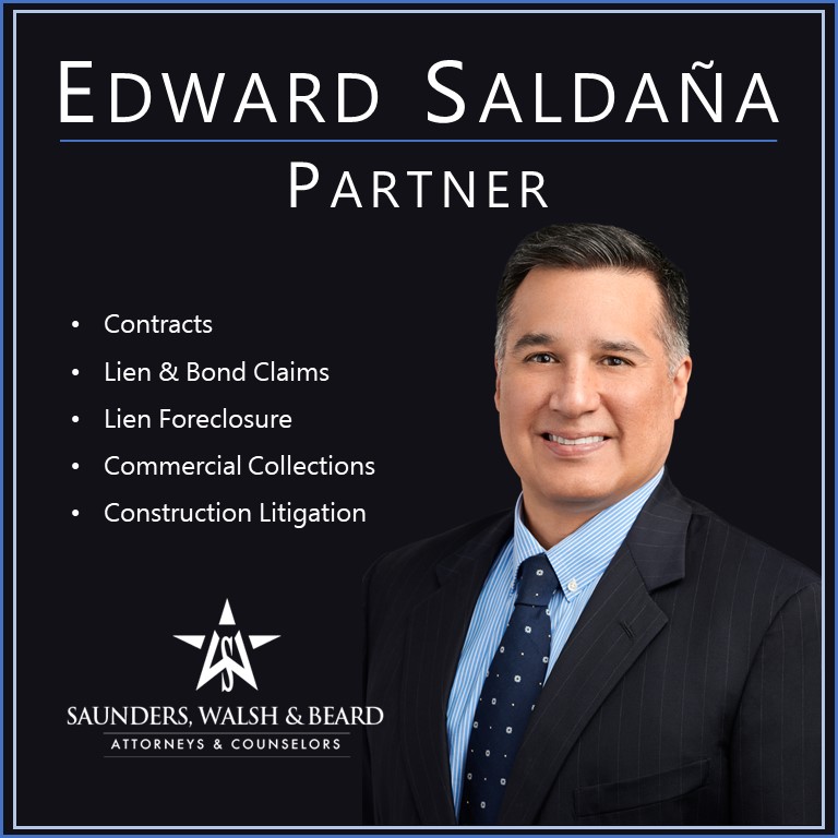 Please join us in welcoming <a href="/EdwardDSaldana/">Ed Saldaña</a>  as Partner at SWB. Ed brings over 20 years of experience representing clients in construction-related matters at all phases of construction and related legal processes. 
saunderswalsh.com/swb-welcomes-a…