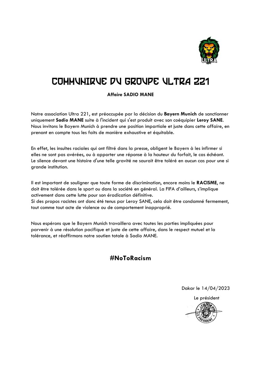 Ultra221Senegal's tweet photo. #Statement
#SadioMane 
#NoToRacism https://t.co/jWHYSa9heN
