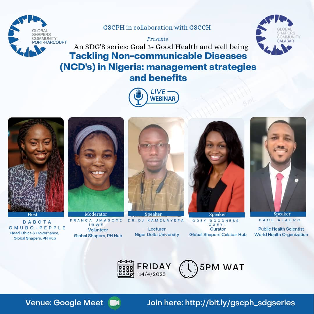 SDG 3 (Good Health and Wellbeing) - Webinar Announcement 🔊

This informative session is hosted by <a href="/phglobalshapers/">PortHarcourt Shapers</a> in partnership with <a href="/CalabarShapers/">CalabarGlobalShapers</a> to commemorate the World Health Day 2023 (April 7).

#communityhealth #Goal3 #GoodHealthAndWellbeing