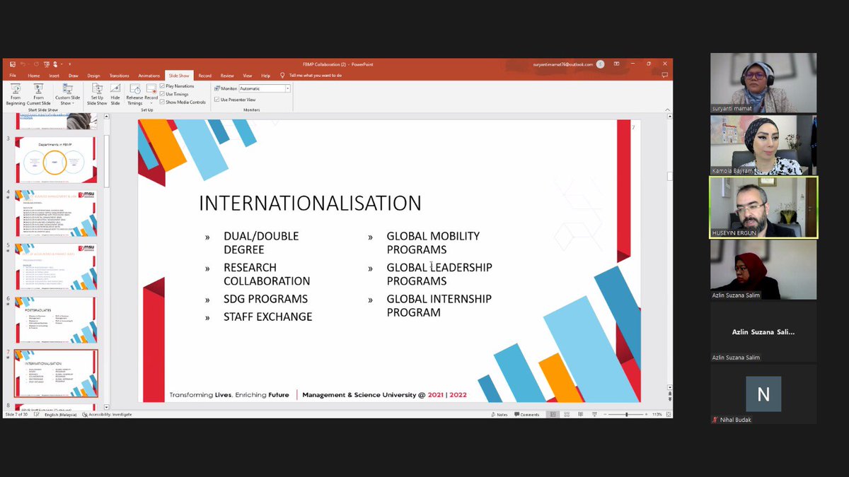 Management Science University, Shah Alam Malaysia ve bölümümüz arasında gerçekleştirilen toplantıda değişim programları ve gelecek iş birlikleri müzakakere edildi. Bölümümüz ve alanımıza hayırlı olmasını dileriz. <a href="/MSUmalaysia/">🌺 MSU Malaysia</a>