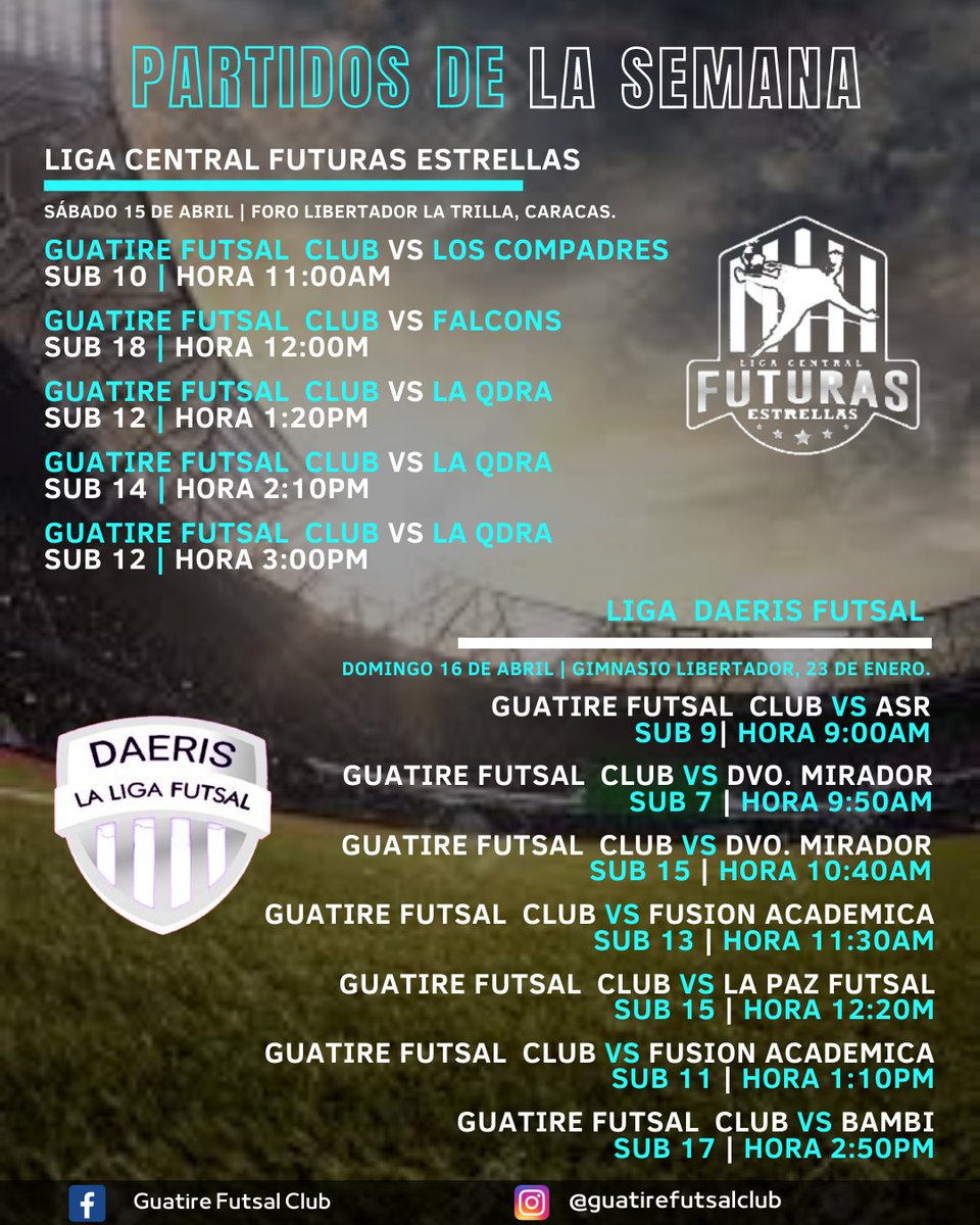 GuatireFutsalC's tweet photo. ᴘᴀʀᴛɪᴅᴏs ᴅᴇ ʟᴀ sᴇᴍᴀɴᴀ🇻🇪⚽🔥🏆
@ligacentralfuturasestrellas 😃🇻🇪💥
🏟️ Foro Libertador, La Trilla.
@ligadaerisfutsal⚽🏆
🏟️ Gimnasio Libertador, 23 de Enero.
¡Seguimos Trabajando!
#SomosGFSC #FormacionGFSC #TalentoGFSC #Futsal #futbol #futbolcampo #Guatire https://t.co/hSdkxV21H7