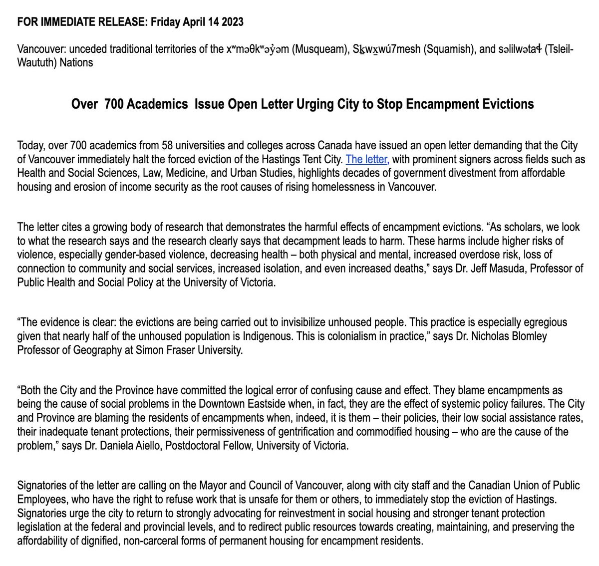 The Right to Remain Research Collective and more than 750 academic supporters from 58 institutions call on the City of Vancouver to reverse course on encampment evictions.  The City's actions stand to harm unhoused residents of the Downtown Eastside. 

themainlander.com/2023/04/14/an-…