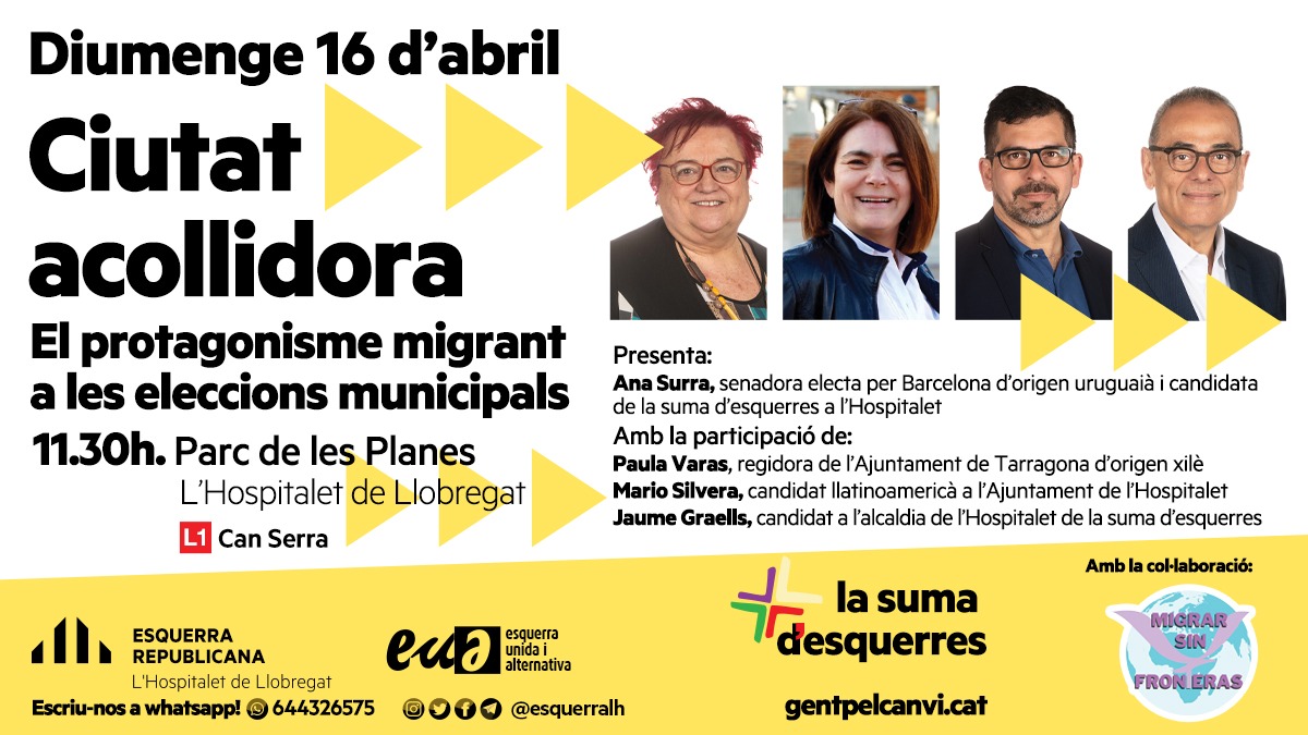 esquerraLH's tweet photo. 📅 Aquest 𝗱𝗶𝘂𝗺𝗲𝗻𝗴𝗲 𝟭𝟲 𝗱'𝗮𝗯𝗿𝗶𝗹 parlarem del protagonisme migrant a les eleccions municipals. I amb veu pròpia. 
Amb @jaumegraells @PaulaVarasG @MSuparregui i la senadora @anasurra

📍Parc de les Planes
🕦 11.30h

Tornem a fer de #LHospitalet una ciutat acollidora https://t.co/qIiy5yQ5DP