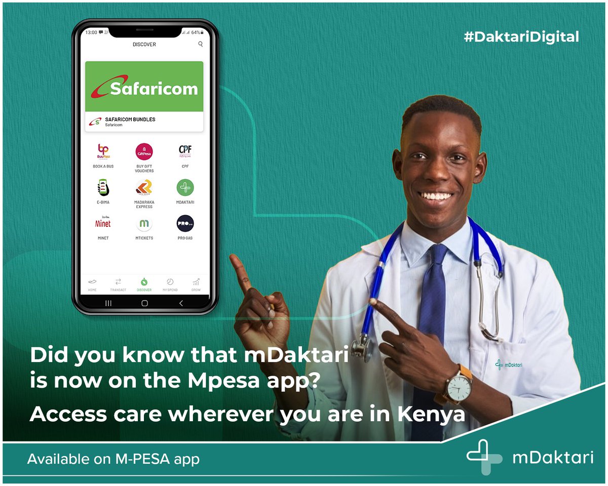 Hi my people, Did you know that <a href="/mdaktari_/">mDaktari</a> is now on the Mpesa app? <a href="/mdaktari_/">mDaktari</a> has vetted healthcare professionals, You can now access care and more services wherever you are in Kenya. Usijibu, use Mdaktari. <a href="/SafaricomPLC/">Safaricom PLC</a> #Usijitibu #DoMoreWithMpesa #TheFutureofMoney