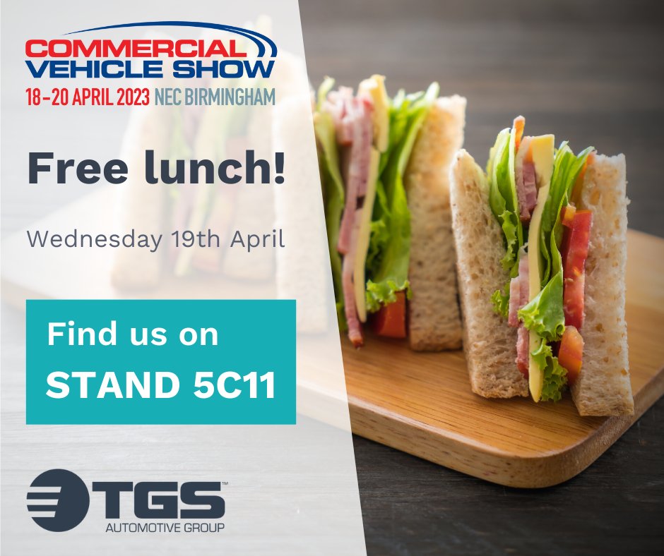 Don't forget that we're giving away a free lunch at <a href="/TheCVShow/">Commercial Vehicle Show</a> to the first 50 people that come to our stand from 12:00 noon on Wednesday 19th April!

There will be gluten free and Vegan options available.

Don't miss out!

#CVShow23 #TGSAutomotiveGroup #freelunch #freefood