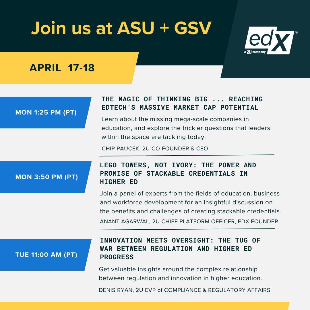 2U_education's tweet photo. We are thrilled to attend &amp; sponsor next week's @asugsvsummit. Throughout our partnership, ASU+GSV has provided us many opportunities to contribute to thought-provoking conversations around the power and future of online education—and this year is no exception. (1/2) https://t.co/dKQrYNAIAV