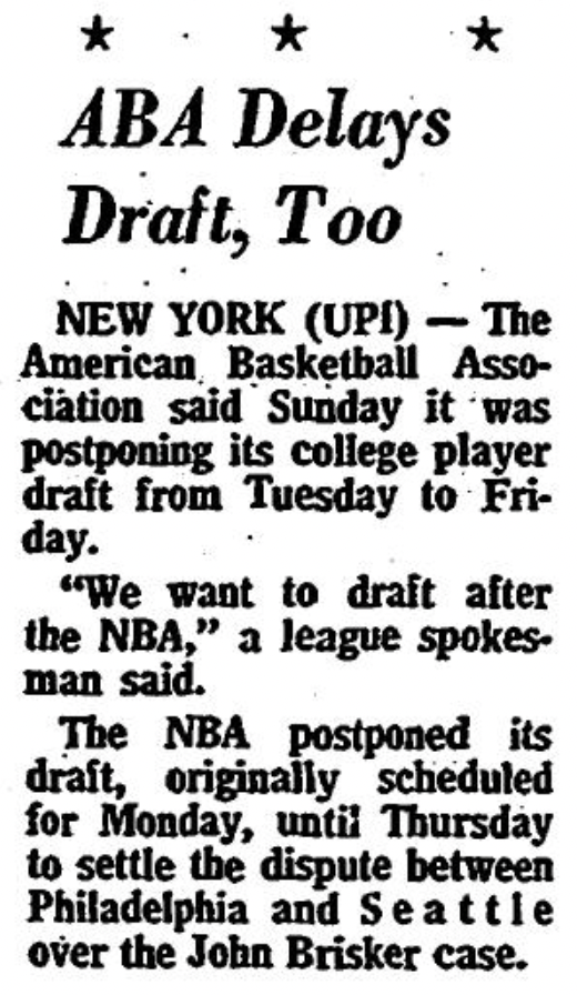 77Blazers's tweet photo. Apr 14 1973 - With the @NBADraft delayed by 3 days due to the #JohnBrisker situation, the #ABA will delay their draft to after the @NBA has their draft.

#OregonJournal columnist #GeorgePasero writes about the 1973 draft, #SidneyWicks, &amp; @uograd66  

#RipCity https://t.co/YqQeA1Kd1u