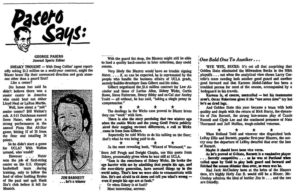 77Blazers's tweet photo. Apr 14 1973 - With the @NBADraft delayed by 3 days due to the #JohnBrisker situation, the #ABA will delay their draft to after the @NBA has their draft.

#OregonJournal columnist #GeorgePasero writes about the 1973 draft, #SidneyWicks, &amp; @uograd66  

#RipCity https://t.co/YqQeA1Kd1u