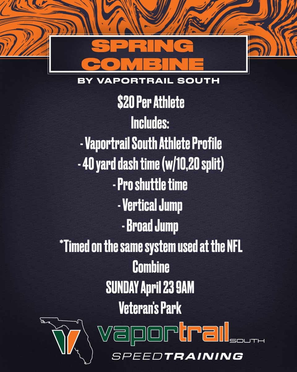 VaportrailSouth's tweet image. We will be doing a combine for football testing next Sunday, April 23. Great chance to test out and see how you’re off season is going before Spring Ball starts. Message us to sign up or email vaportrailsouth@gmail.com #combine #football #speed #combinetesting  V’s Up!