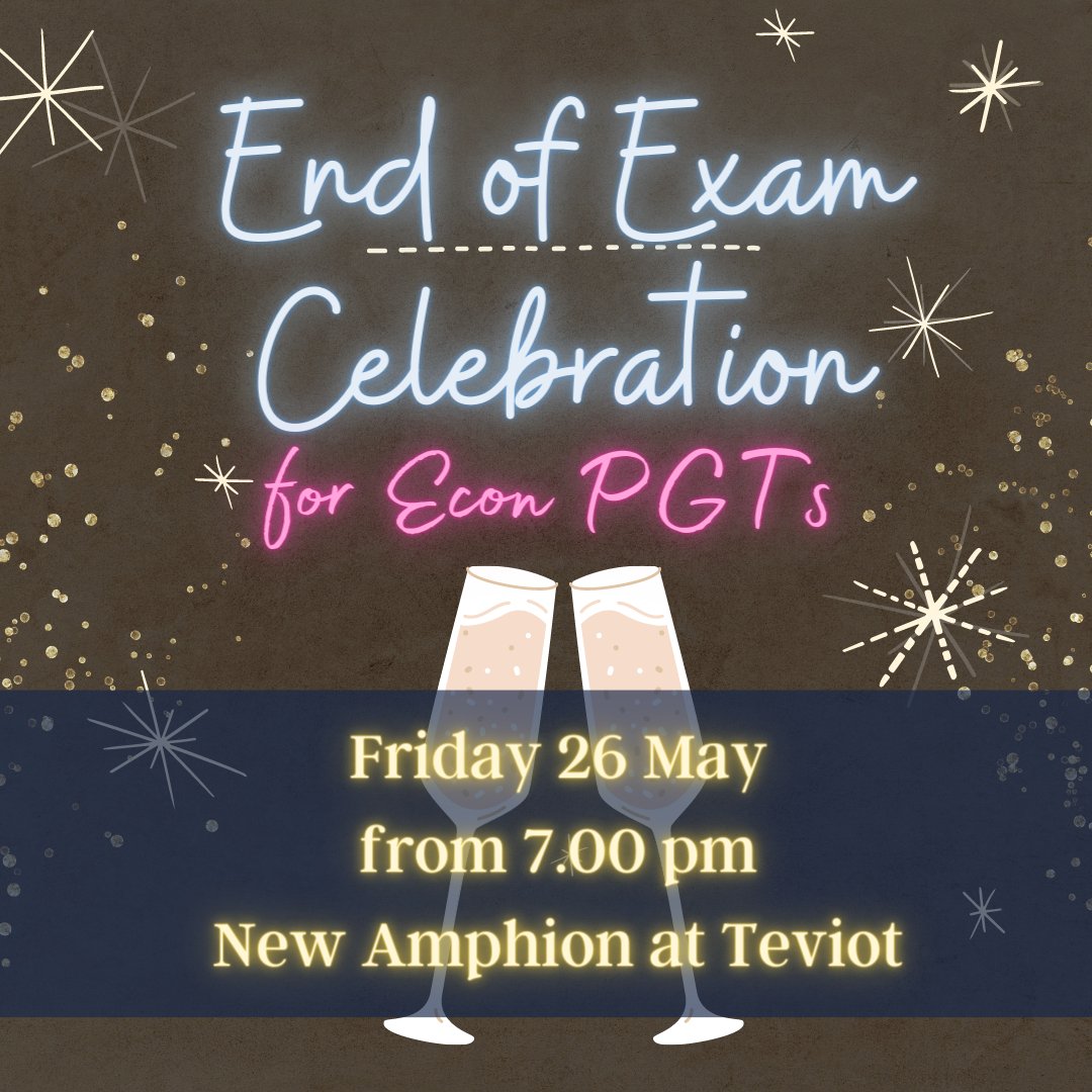 Calling Econ #PGTs!

Don't forget to book your tickets for our end of #exam celebration!
edin.ac/3L25x78

Friday 26 May from 7.00 pm
New Amphion at Teviot

Dress up in your semi-formal attire and have a blast!
