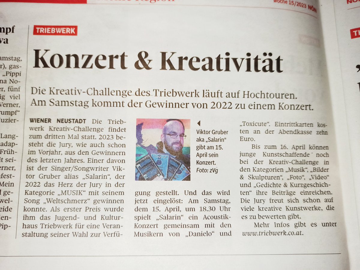 salarin_music's tweet photo. Morgen ist es soweit😁🎶
Mein erstes Konzert als Salarin und die Ankündigung für das Release Datum meiner ersten Single 'Nimm mich mit' live im Triebwerk Wr.Neustadt!

Freu mich auf euch😊

Sich zum ersten Mal in der Zeitung zu entdecken kann btw auch was ~ danke @noen_online 💛 https://t.co/HALiBU53SE