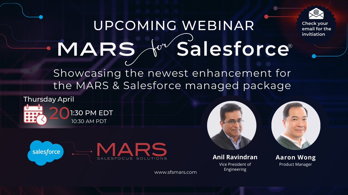 SFSMARS's tweet photo. Curious about the newest enhancements within our MARS for Salesforce managed package?  Check your inbox for your invitation to our upcoming webinar and register today!

#webinar #salesforce #appexchange #crmsolutions #salesdata https://t.co/4EhzEdioDP