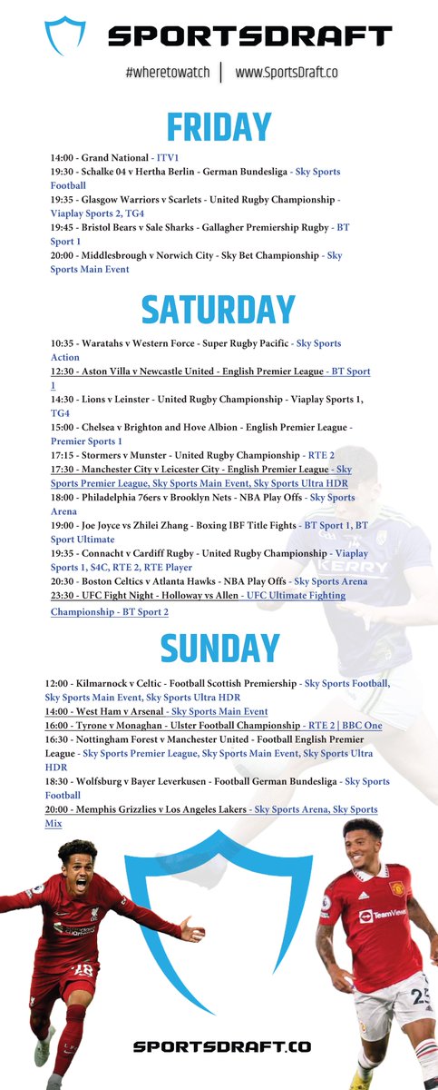 Check out our #WhereToWatch section for all the weekends sporting action!!!

For a full, detailed list of all the action, check out the link below!

sportsdraft.co/wheretowatch14…