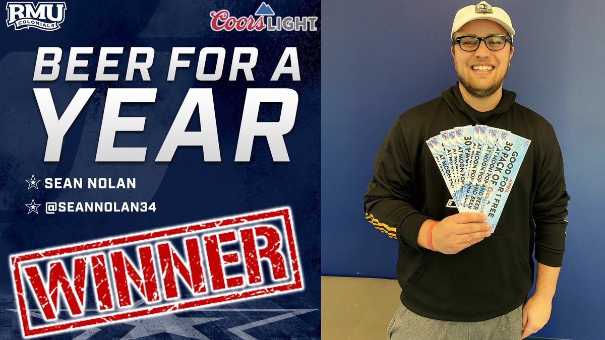 RMUAthletics's tweet photo. Congrats to this year's Beer for a Year winner @SeanNolan34❕ 

Thank you @coorspgh and our friends at Moon Beer &amp; Pop for your continued partnership with RMU Athletics❗️

#RMUnite | 🔵⚪️🔴 https://t.co/4i0amF6yLy