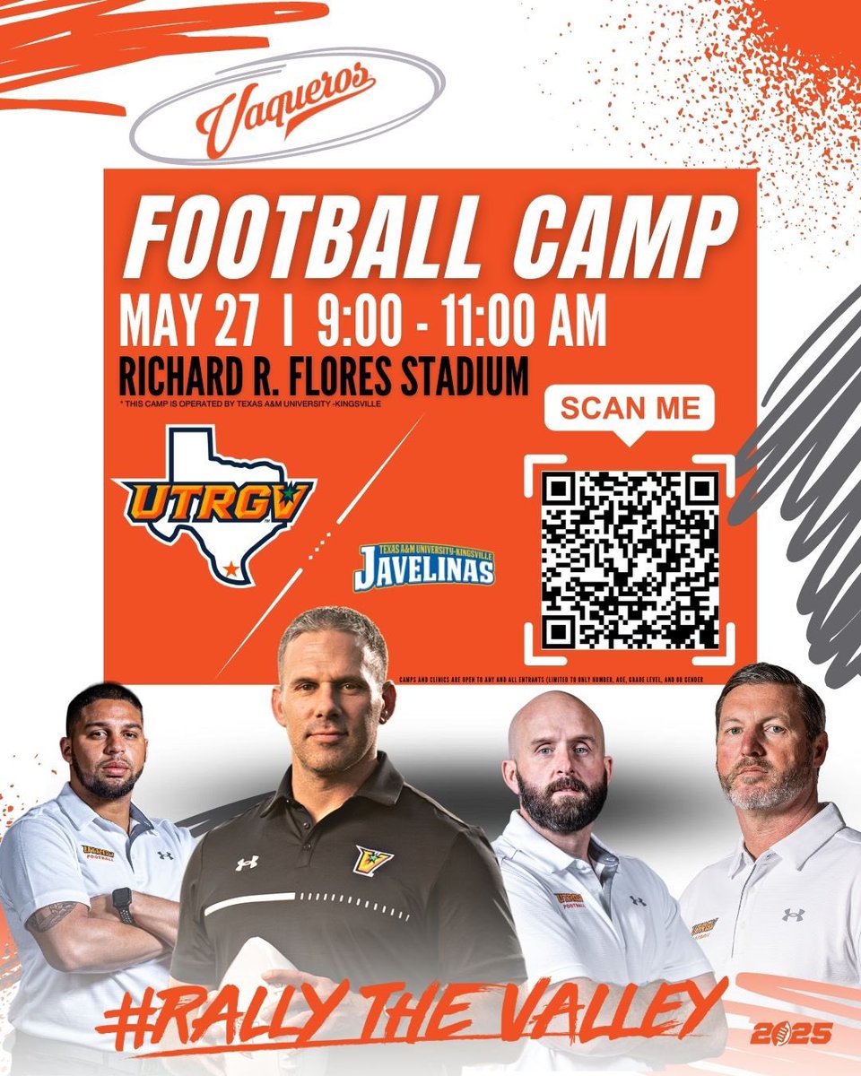 We are excited to partner with <a href="/JavelinaFB/">TAMUK Javelina Football</a> for Football Camps in Edinburg (May 27) and Kingsville (July 14)! Special thanks to <a href="/Coachsalinas12/">Michael Salinas</a>!Great opportunity for athletes in the RGV to get evaluated by our programs! Don’t wait, Let’s work! ✌🏽🌴🐗
#RallyTheValley #DontFlinch