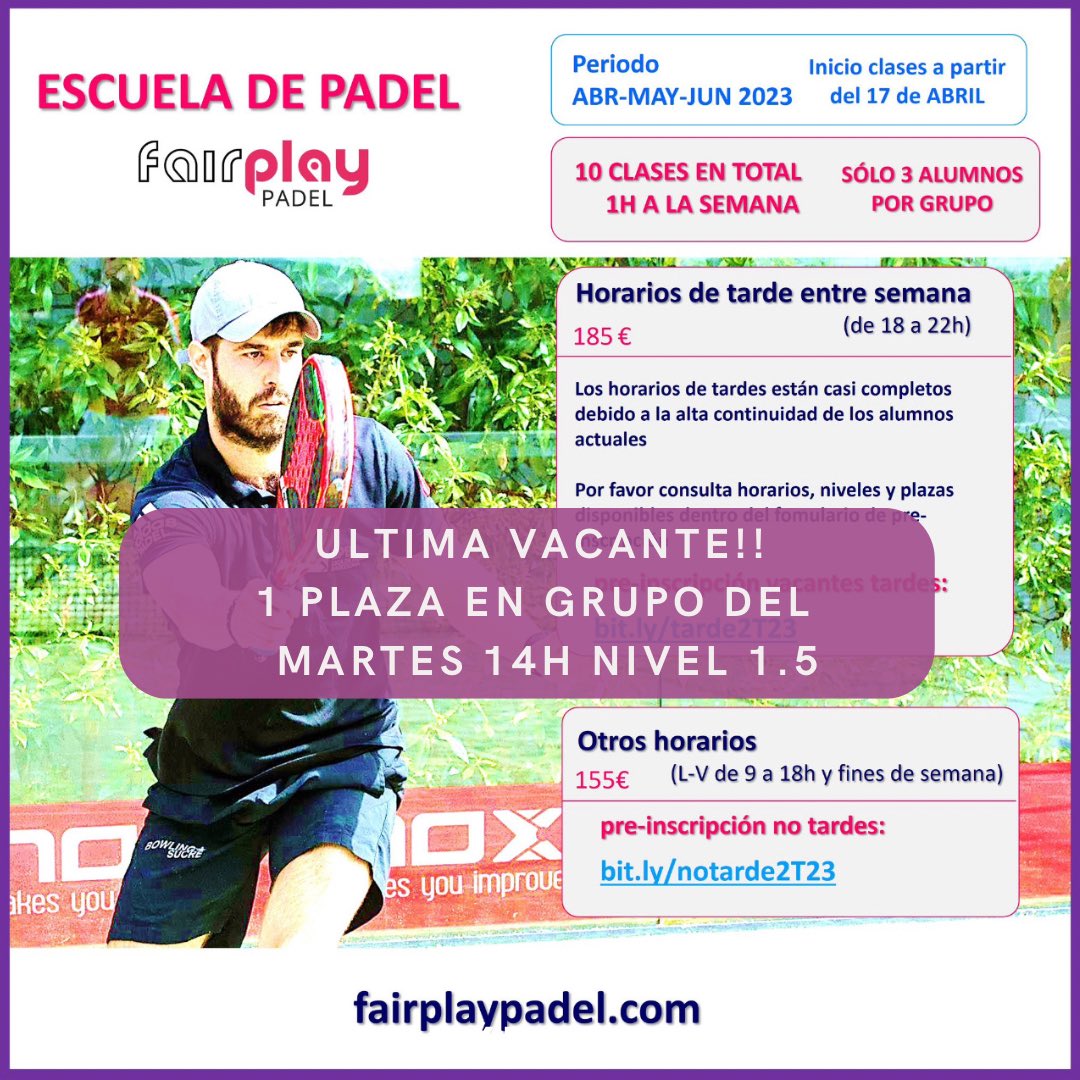 ☝️ULTIMA VACANTE para el Trimestre de Escuela que empieza la semana que viene 👉 Martes 14h - nivel 1,5
(10 clases de 1h semanales, grupos de 3 personas x nivel)
Interesados escribir whatsapp a Sergio: +34 619 147 586