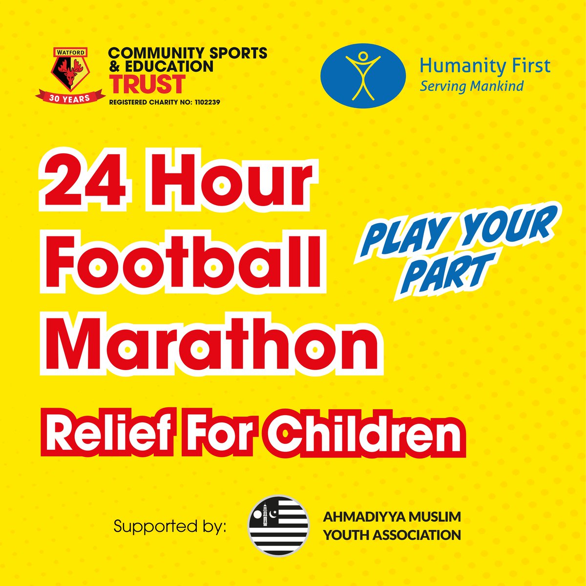 Bringing football teams together for children’s education, home and away.

#PlayYourPart in our 24-hour charity football marathon at <a href="/WatfordFC/">Watford Football Club</a>'s Training Ground on 20-21 May 2023.

More information on the event can be found here: watfordfccsetrust.com/24football/

<a href="/WatfordFC/">Watford Football Club</a> | #watfordfc