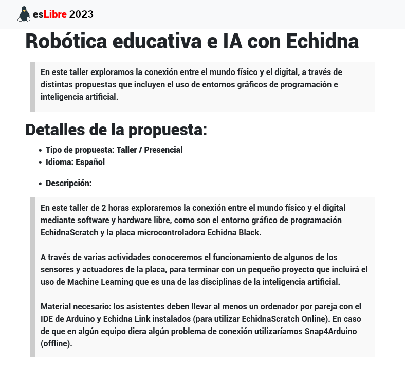 esLibre_'s tweet photo. #esLibre2023 sábado 13 mayo 16:00-18:00

[18/20] "Robótica educativa e IA con Echidna" por @jo_pujol, @lobo_tic y @xdesig (@EchidnaSTEAM).

🔗 Info taller: https://t.co/Ccv8aRcgO4
🔗 Reservar plaza: https://t.co/KWyzMUGSN7

🔗 Registro general: https://t.co/3VIOssBagC https://t.co/b8fP2EyX8d