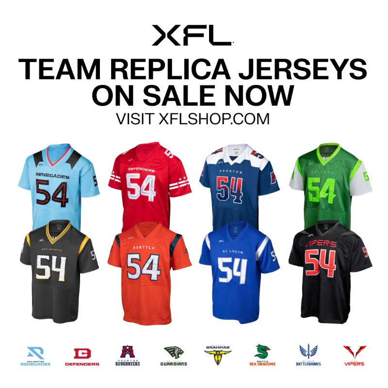 TheUFL's tweet photo. The wait is no more...

Home jerseys are NOW AVAILABLE! 🤩

Shop while supplies last 👇

#XFL | #XFLjersey
