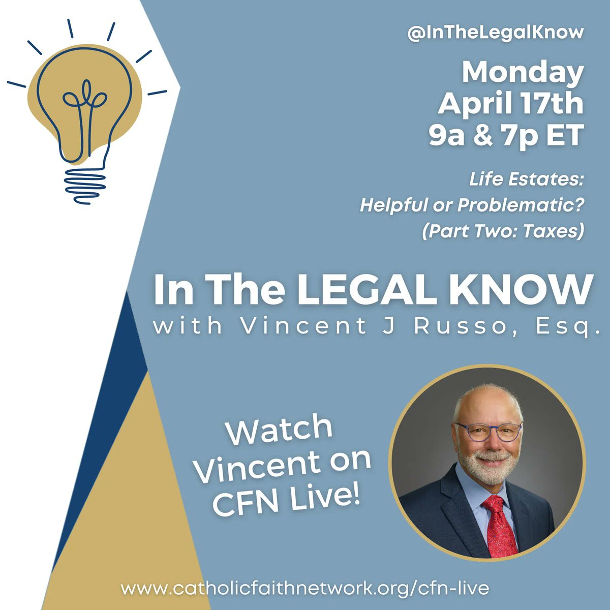 RussoLawGrp's tweet photo. Watch @InTheLegalKnow with Vincent J. Russo on Monday, April 17th as he discusses how real estate taxes are treated, who pays the tax if the house is sold during the life tenants lifetime, and if there are tax savings when the house is sold after the life tenant passes! #CFNLive https://t.co/lxNjHaf3DU