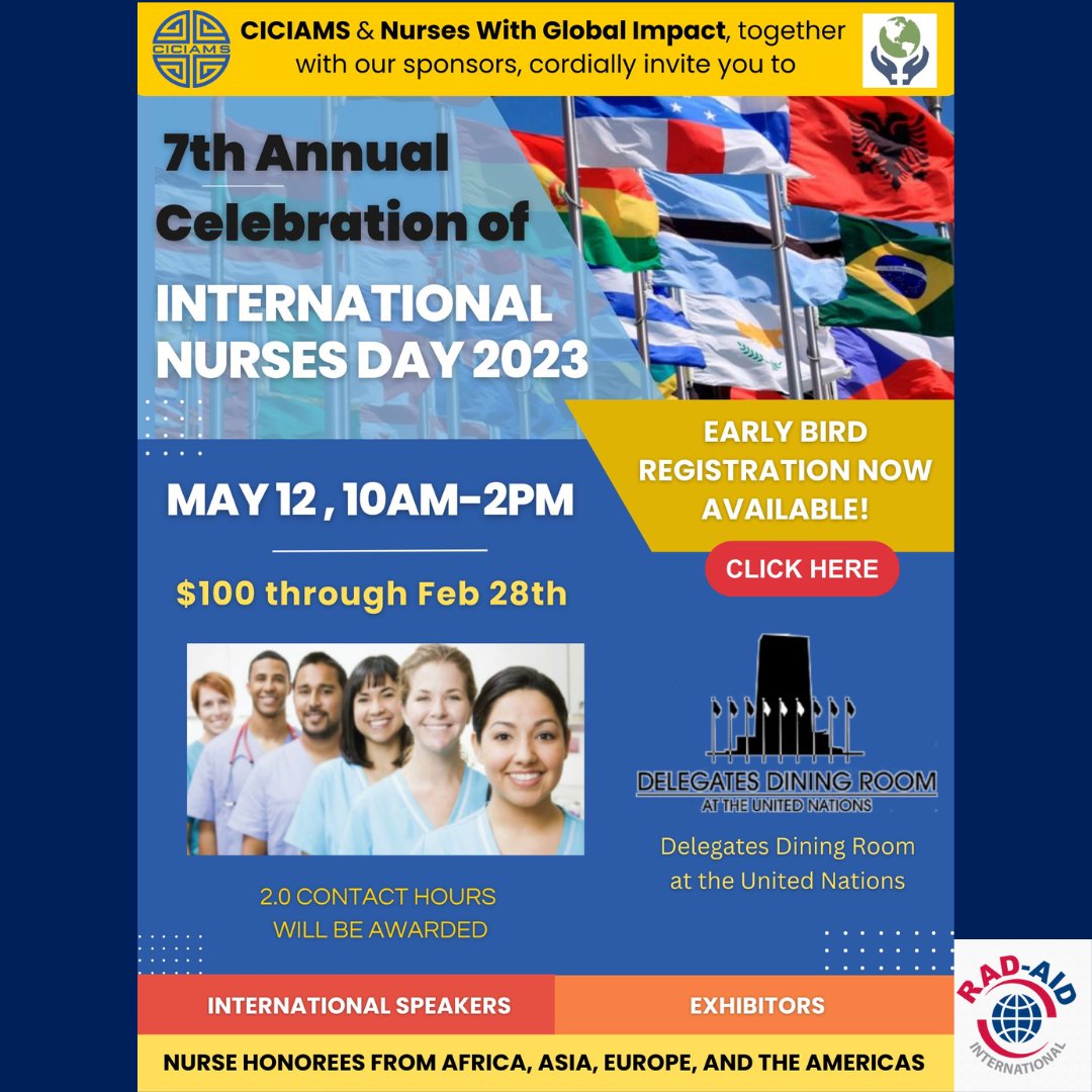 RADAIDIntl's tweet photo. RAD-AID is excited to announce that we will be attending International Nurses Day 2023 at the United Nations! We cannot wait to be a part of such a special day honoring our valued nurses. We couldn't do it without them!

To register, click here: https://t.co/5lYaOpJAAn https://t.co/t7b53vaFBF