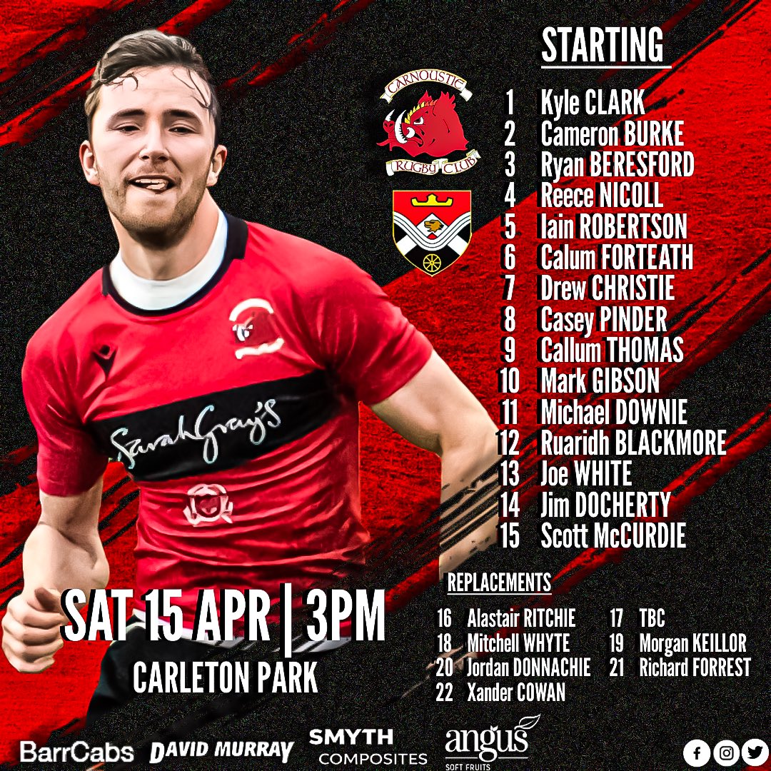 𝗧𝗘𝗔𝗠 𝗔𝗡𝗡𝗢𝗨𝗡𝗖𝗘𝗠𝗘𝗡𝗧 🚨📢

Check out your Carnoustie Boars that have been selected to take on Glenrothes tomorrow at Carleton Park! 👀

Go well team! 🐗

🆚 Glenrothes
🏆 Tennents Caledonia Midlands 2
📆 Saturday 15th April
✈️ Carleton Park, Glenrothes
⏰ 3pm