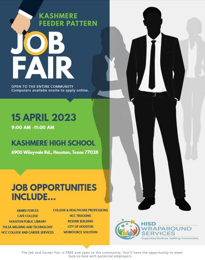 Do you know if anyone that is looking for employment? Look no farther a job fair will be held <a href="/KashmereHS/">Kashmere High School</a> on April 15th from 9a-11a! Spread the word! <a href="/KeyMS_Cougars/">THE Francis Scott Key Middle School</a> <a href="/houstongent/">kdowney</a> <a href="/HISDREADY2RISE/">READY2RISE</a> @HISD_Wraparound <a href="/KashmereGardens/">Kashmere Gardens</a> <a href="/BetsyRossElem/">Betsy Ross ES</a> <a href="/CookES_HISD/">Felix Cook Magnet</a>