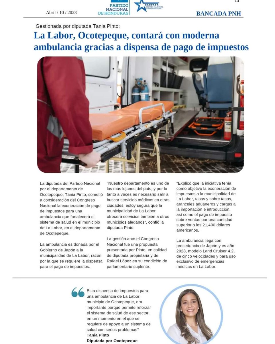 JoseAlb95704546's tweet photo. En #LaLabor, #Ocotepeque tendrán una ambulancia que fortalecerá el sistema de salud gracias a la donación del gobierno de Japón, y al proyecto de dispensa de los impuestos y tasas presentada por la diputada @taniapintohn de @pnh_bancada de @PNH_oficial https://t.co/cvc6D2CnxE