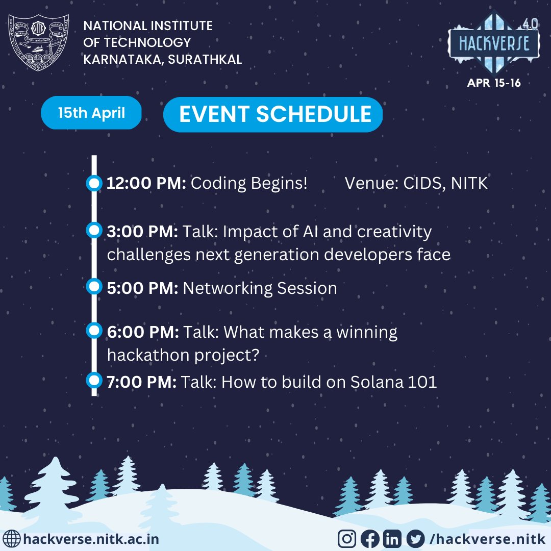hackversenitk's tweet image. &amp;lt;!-- Greetings from HackVerse 4.0 --&amp;gt;

To let you know the right place at the right time, here is our event schedule for today and tomorrow!

We wish all participants good luck!

Checkout all other info at: hackverse.nitk.ac.in