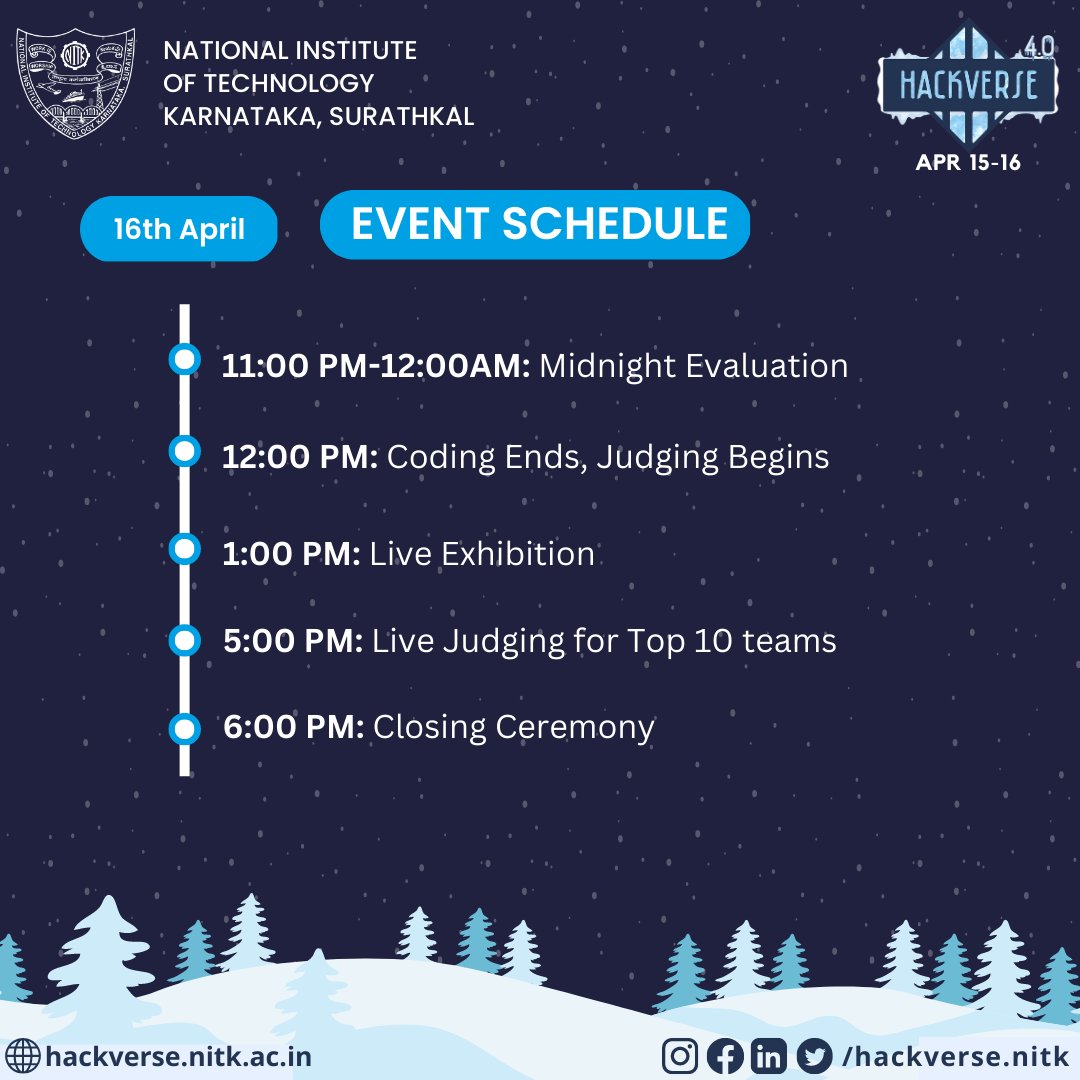 hackversenitk's tweet image. &amp;lt;!-- Greetings from HackVerse 4.0 --&amp;gt;

To let you know the right place at the right time, here is our event schedule for today and tomorrow!

We wish all participants good luck!

Checkout all other info at: hackverse.nitk.ac.in