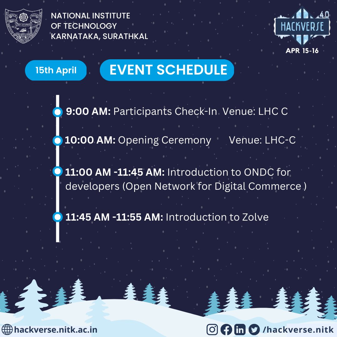 hackversenitk's tweet image. &amp;lt;!-- Greetings from HackVerse 4.0 --&amp;gt;

To let you know the right place at the right time, here is our event schedule for today and tomorrow!

We wish all participants good luck!

Checkout all other info at: hackverse.nitk.ac.in
