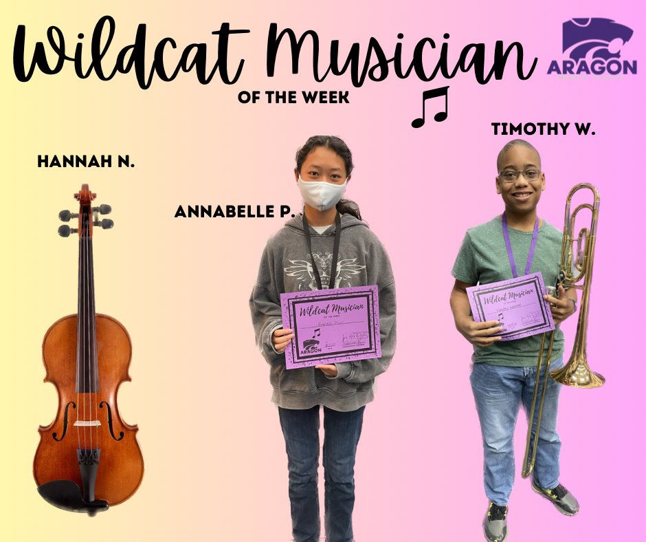 AragonWildcats's tweet photo. Our musicians have been super busy the last few weeks, meaning we get to do extra celebrations today! Congrats to our #WildcatMusiciansOfTheWeek Hannah, Annabelle, Timothy, Lillianna, Elizabeth, Jeffrey, Ariana, Emma, and Kate! We are so proud of how hard you've worked all year https://t.co/Iy8SHjRVkE