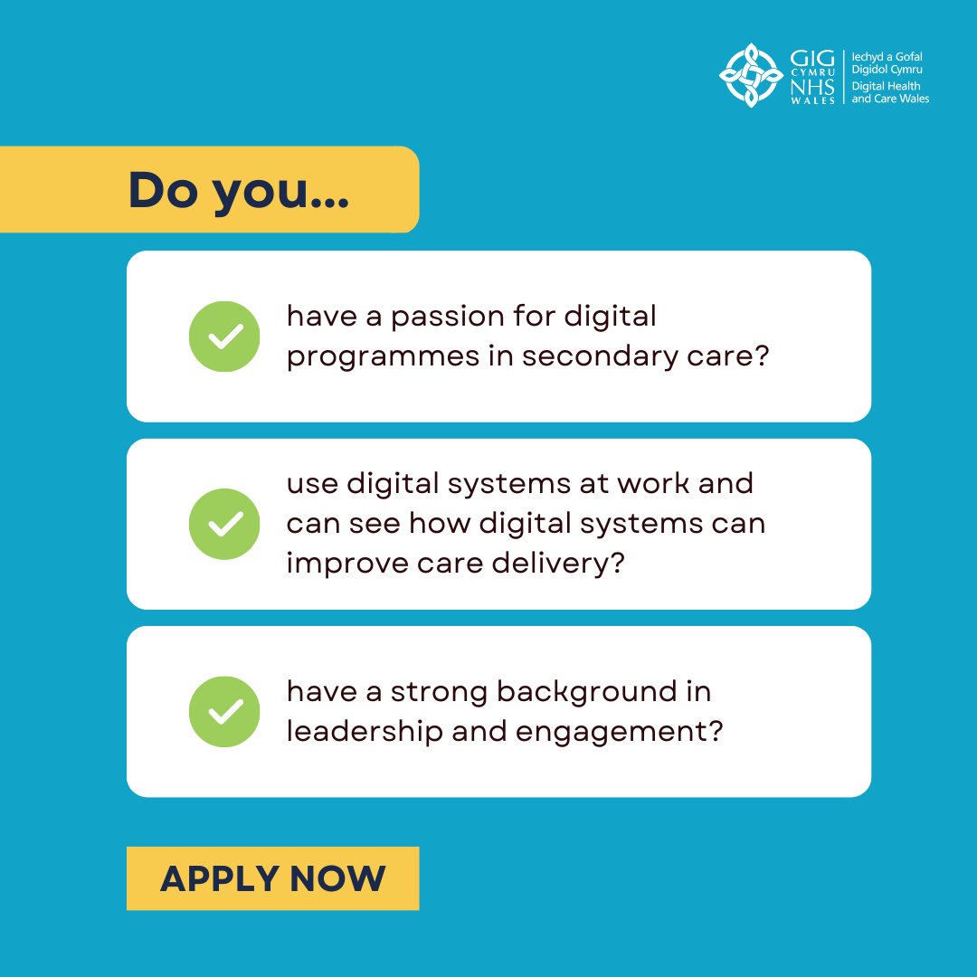 JOB | Would you like to help develop the future of digital technology and information in NHS Wales?

Join us as an Associate Medical Director for Secondary Care and make a difference for clinicians and patients across Wales.

Find out more and apply: ow.ly/trhT50NJfTc