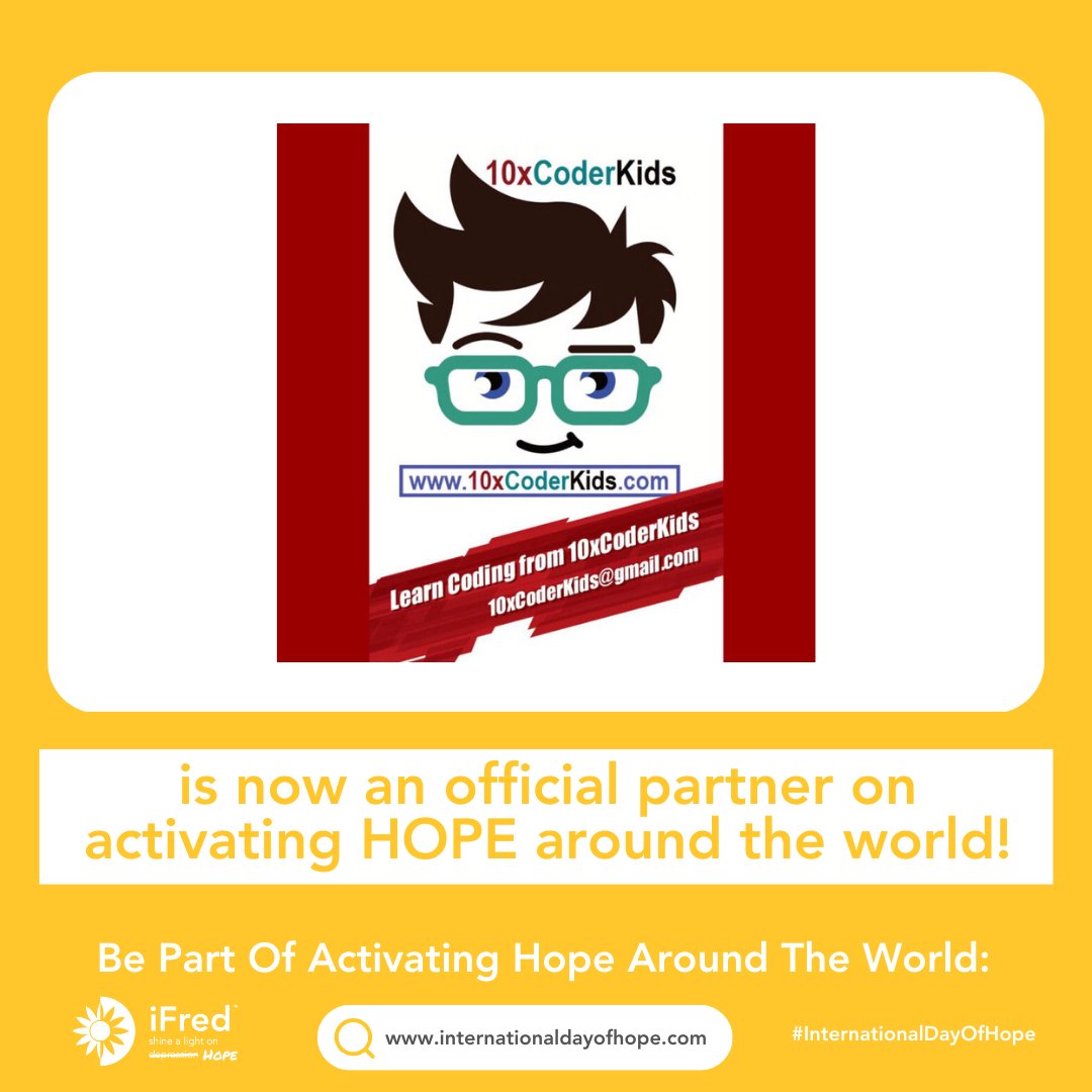 iFredorg's tweet photo. We are excited to announce that @10xCoderKids has joined our International Day of Hope activation.
Want to join the efforts? Sign-up your organization today at https://t.co/4nZfOnQU8g
#InternationalDayOfHope #ActivateHope #SHINEHope #GrowHope #SpreadHope #Hope https://t.co/taeU9hAuQV