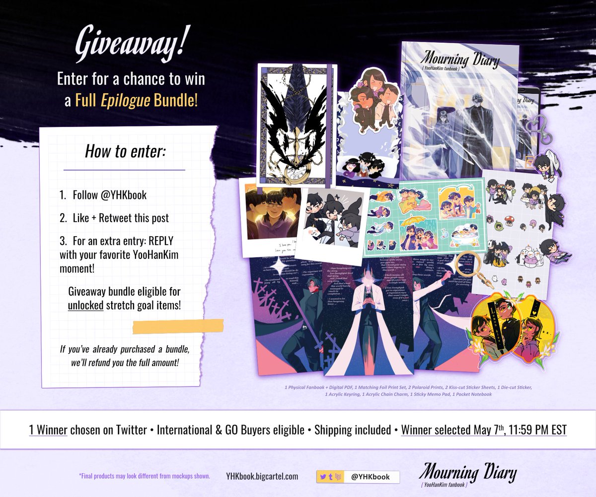 YHKbook's tweet photo. ✦FULL BUNDLE GIVEAWAY 🖤💜🤍

Thank you for the support so far. To celebrate, we're hosting a giveaway for a FULL bundle!

HOW TO ENTER:
- Follow @YHKbook
- Like &amp; RT this post
- Reply with your favorite YHK moment for an extra entry!
Open until May 7th, 11:59 PM EST. Good luck! https://t.co/sGMaTVdDBY