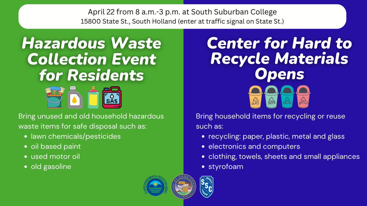 Cook County Government has partnered with South Suburban College to host a one-day hazardous waste collection event on April 22 from 8AM - 3PM. Residents can bring hazardous waste for safe disposal or household items for recycling or reuse. Register here: ow.ly/euJP50NGpQq