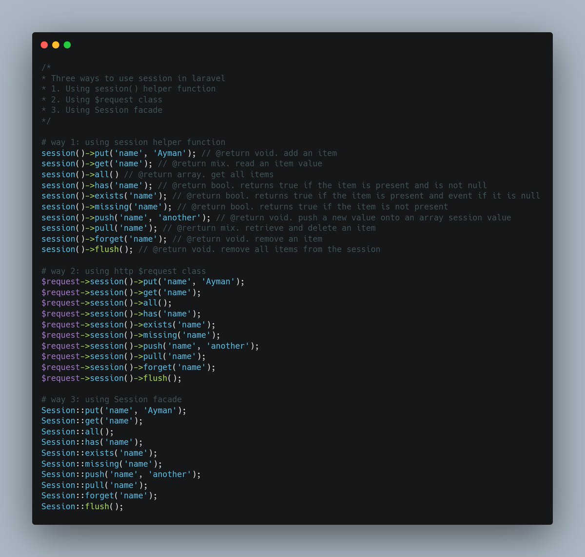 aymanmalhattami's tweet image. Three ways to use session in #laravel
1. Using session() helper function
2. Using $request class
3. Using Session facade