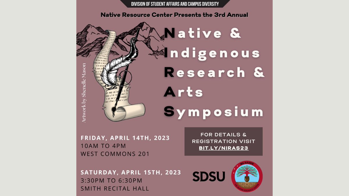 The 3rd Annual Native &amp; Indigenous Research &amp; Arts Symposium is happening today and tomorrow! Visit the 🔗 below for more details and check out the SDSU Native Resource Center IG (@sdsunrc) for event updates. 

bit.ly/3lQQXpg

📸Graphic by SDSU Native Resource Center