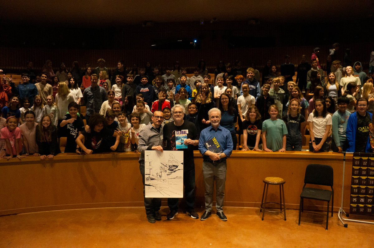 PrairieSchool's tweet photo. This morning the amazing author-illustrator team of @EoinColfer, @AndrewDonkin, and @rigano_giovanni visited TPS to share more about their new graphic novel GLOBAL. The students loved hearing about the inspiration and process behind the book. Thank you for spending time with us! https://t.co/qq9vdwtM24