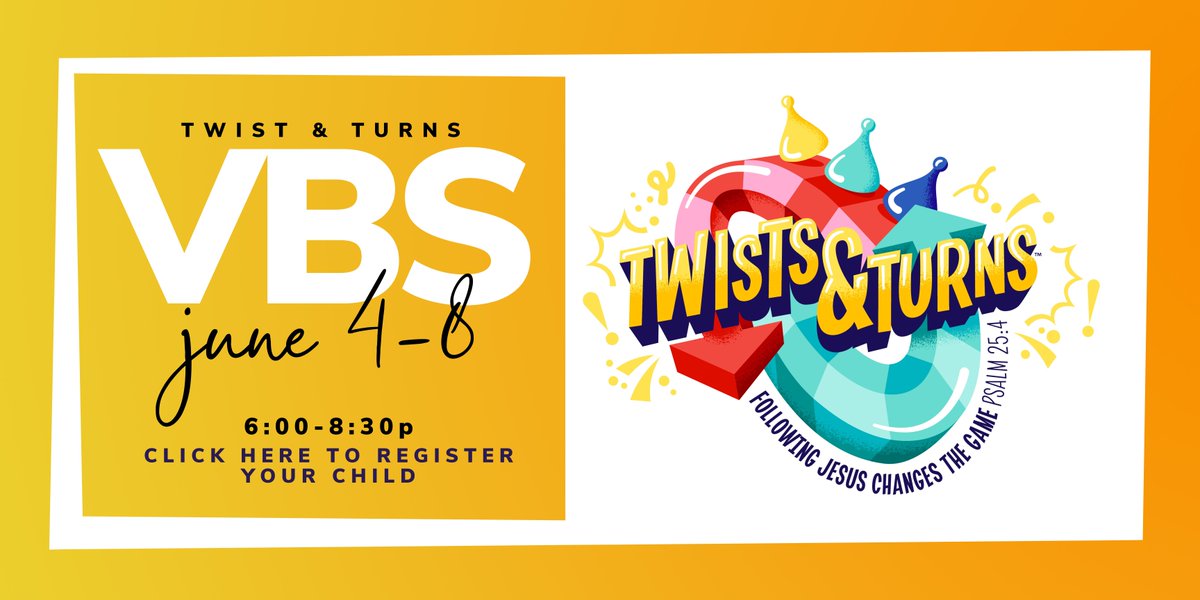 FbcWillis's tweet photo. Spin the spinner, beat the clock, skip ahead, level up, &amp; play to win! You’ll need to bring your A-game for this VBS. Twists &amp; Turns is a  celebration of games. 

Twist &amp; Turns VBS is June 4-8 from 6-8:30p for kids PreK-6th grade.  Sign up here:
https://t.co/yDyloLZbJT https://t.co/kDyDBYGPA8