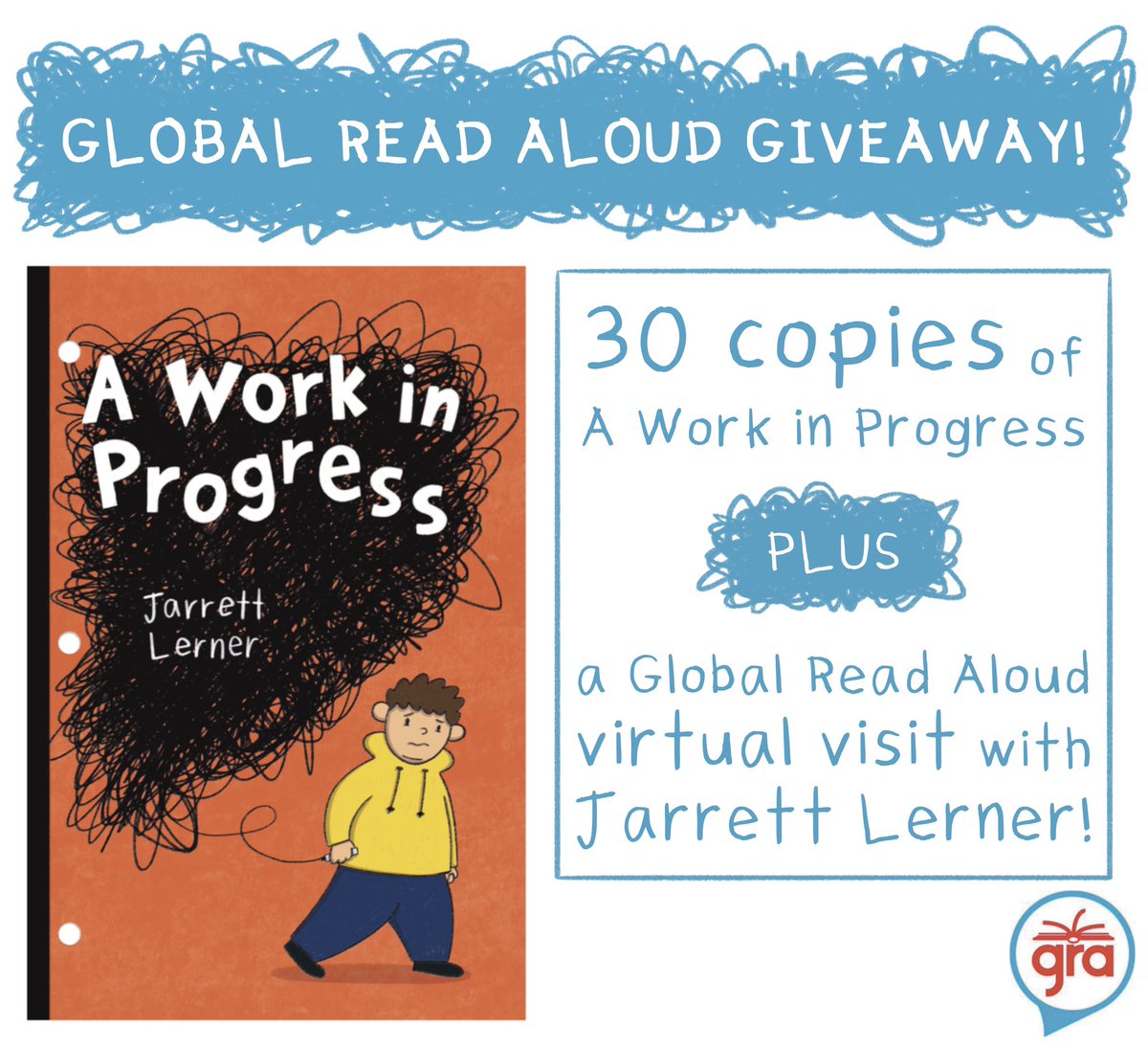 Jarrett_Lerner's tweet photo. EDUCATORS and LIBRARIANS, especially those participating in #GRA23 — a giveaway for you!

Preorder A Work in Progress BEFORE May 2nd and send proof to AWIPpreorder@gmail.com to enter. One winner will receive 30 additional copies of the book plus a virtual visit with me! #GRAWork https://t.co/wU4UfMQRuK