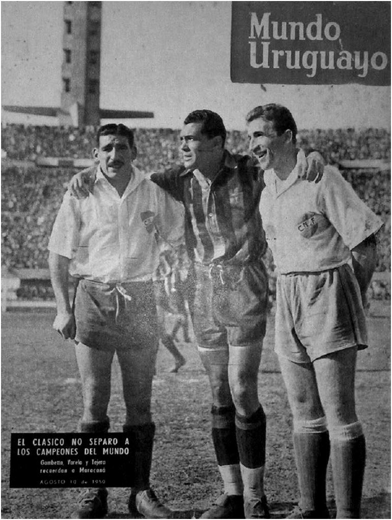 1950 - Schubert Gambetta 🎂, Obdulio Varela and Eusebio Tejera together at the first Uruguayan clasico 🇺🇾 after winning the World Cup in Maracana