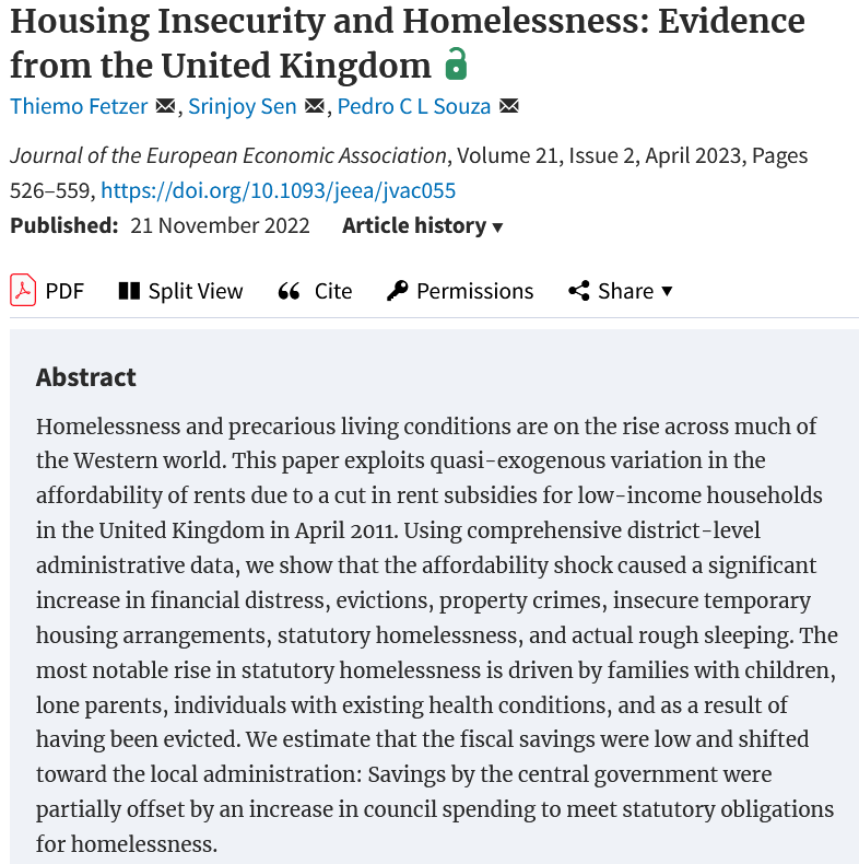 Asumistukea leikattiin Englannissa merkittävästi vuonna 2011.

Jo aiemmin on osoitettu, ettei leikkaus juurikaan alentanut vuokria ja siten nosti tuensaajien asumiskustannuksia.

Nyt tuoreessa tutkimuksessa on katsottu leikkauksen muita vaikutuksia. 1/
academic.oup.com/jeea/article/2…