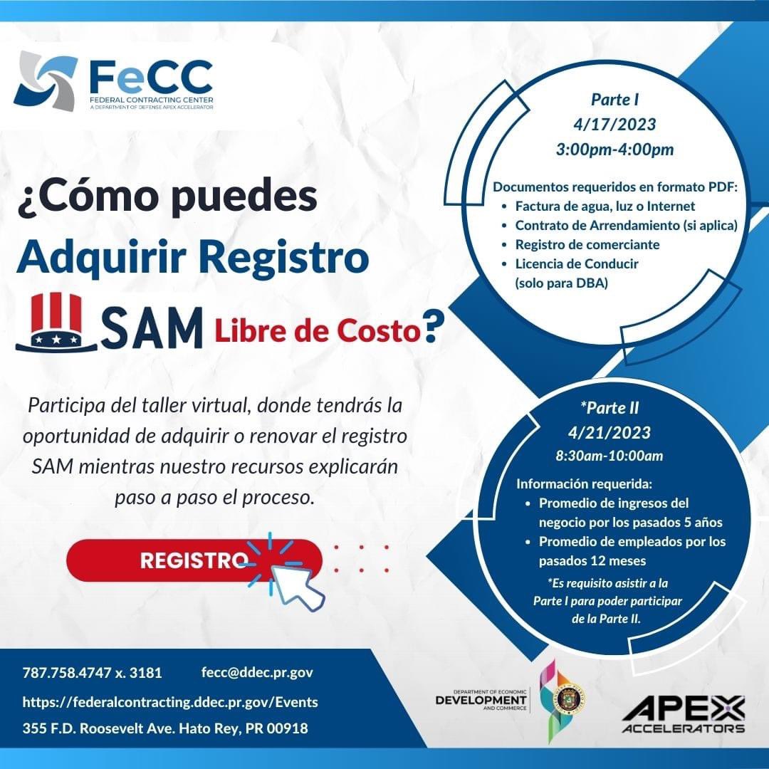 DDECPR's tweet photo. Participa del taller virtual para adquirir o renovar el Registro SAM. Regístrate hoy libre de costo: https://t.co/37Y6RmpQRq
#SAMregistration #federalcontractingcenter https://t.co/FjsvMMICEg