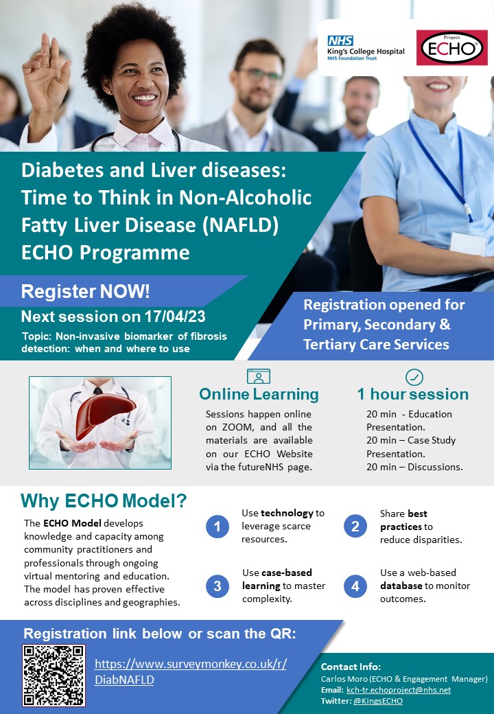 Everything is ready for 2nd session of the Diabetes &amp; Liver Disease ECHO Programme occurring this Monday, 17/4/23 at 12:30h. Register here: surveymonkey.co.uk/r/DiabNAFLD Moving knowledge,not patients! <a href="/DSNforumUK/">DSNforumUK</a> <a href="/mbwhyte1/">Martin B Whyte</a> <a href="/guerravelozMF/">MARIA GUERRA VELOZ</a> <a href="/saimaajazshah/">saima ajaz</a> <a href="/PrimaryCareNHS/">We are Primary Care</a> #GeneralPractice