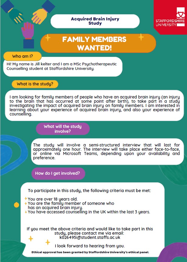HeadwayWestLondon (@headwaywlondon) on Twitter photo STUDY VOLUNTEERS NEEDED
If you are family member of someone who has had a brain injury, you may be interested in taking part in the below study.
CONTACT: k026495i@student.staffs.ac.uk STUDY VOLUNTEERS NEEDED
If you are family member of someone who has had a brain injury, you may be interested in taking part in the below study.
CONTACT: k026495i@student.staffs.ac.uk